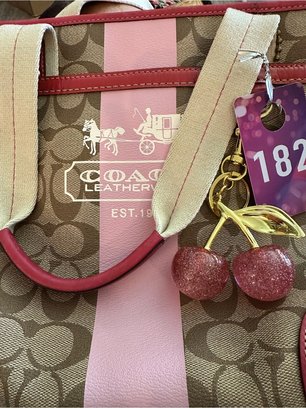 Coach Heritage Brown Signature Canvas Tote with Pink Stripe and Fuchsia Trim